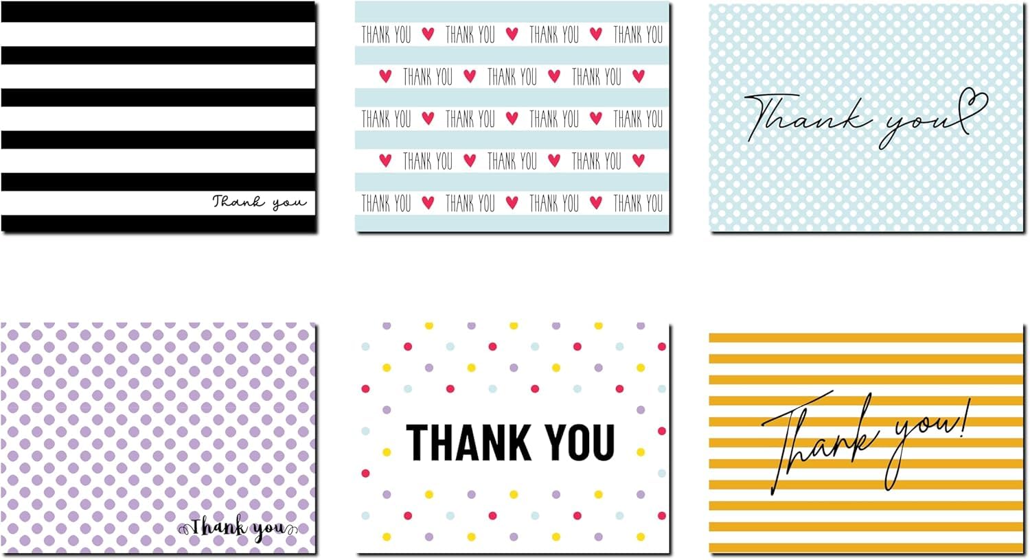 Photo 1 of A Little Extra Co 48 Colorful Thank You Cards with Envelopes, 6 different designs, Colors and Black and White Stripes, All Occassion, Business, Graduation, Wedding, Modern (5.45” x 4.08”)