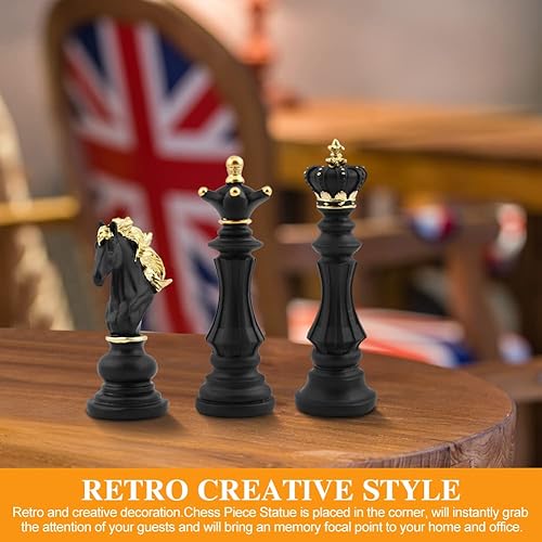 Miniatura 6 de EMVANV Juego de 3 piezas de decoración de estatua de ajedrez pequeña, figura de resina, juego de ajedrez King + Queen + caballero para oficina,