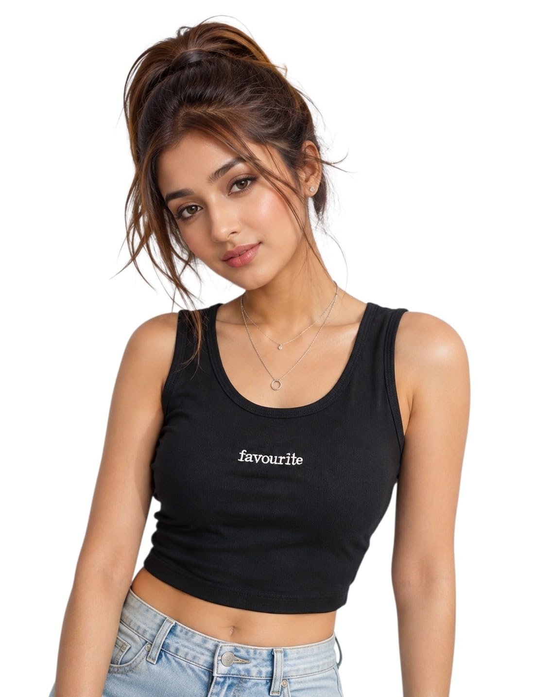 Women's White Ribbed Crop Tank Top with 'Favourite' Print-picture-13