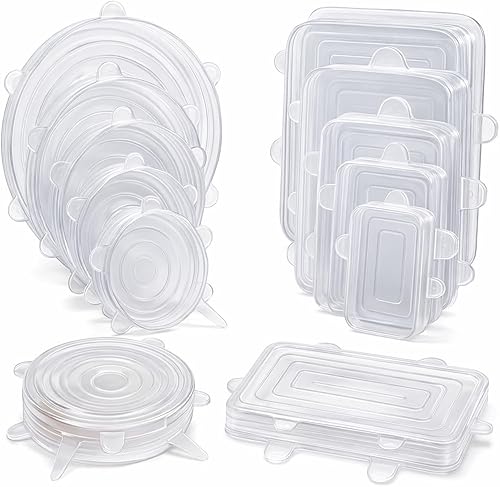 Fundas de silicona reutilizables para alimentos, paquete de 12 tapas redondas y rectangulares, sin BPA, ecológicas, sellado hermético para cuencos