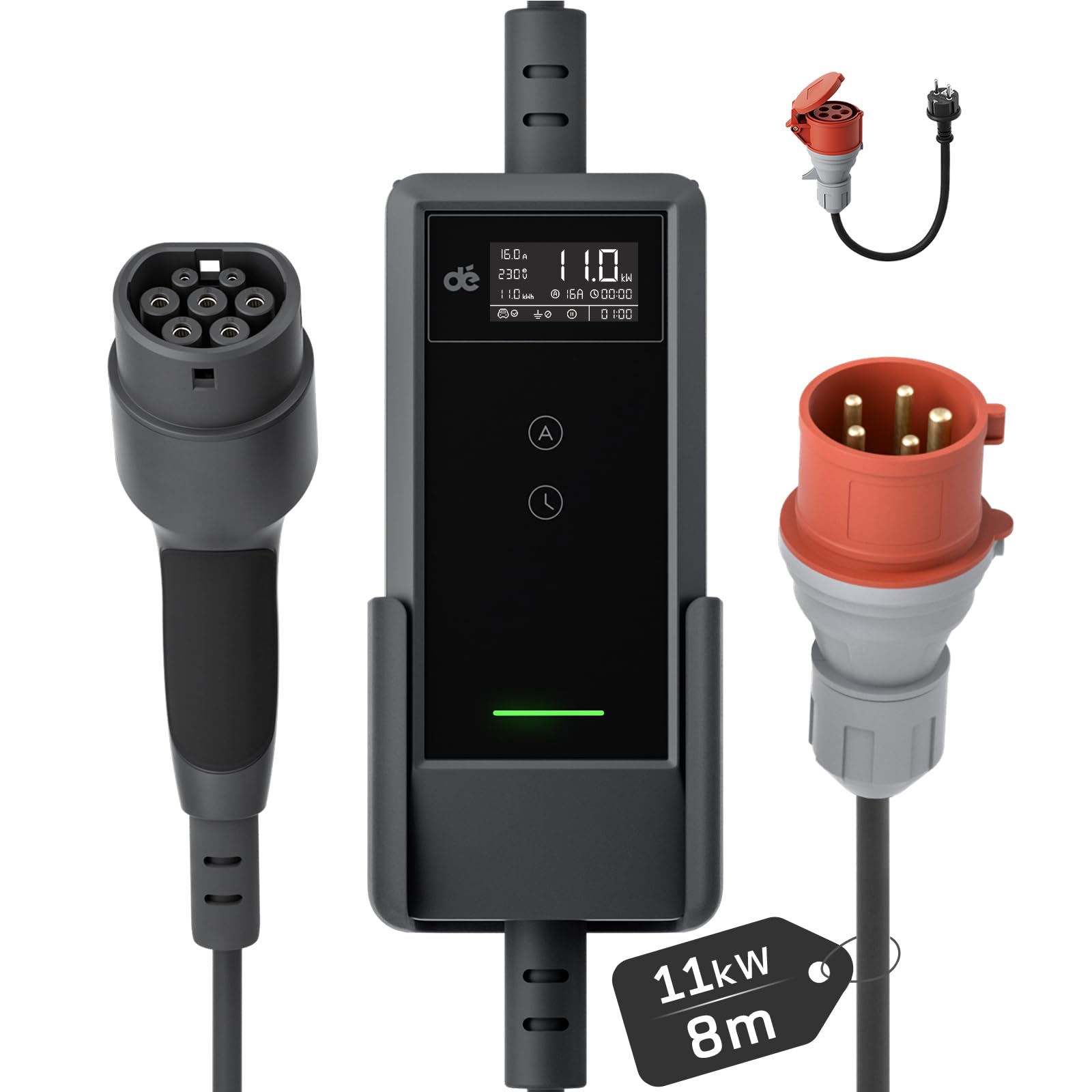 dé Mobile Wallbox/Ladestation 11kW [8m|3-phasig|6-16A] mit Einstellbarer Ladeleistung, Ladekabel CEE 16A auf Typ 2 und EV Ladegerät für Model Y/3, ID.3/4/5, MG4, EX30, e-up, e-tron, Zoe und BEV/PHEV