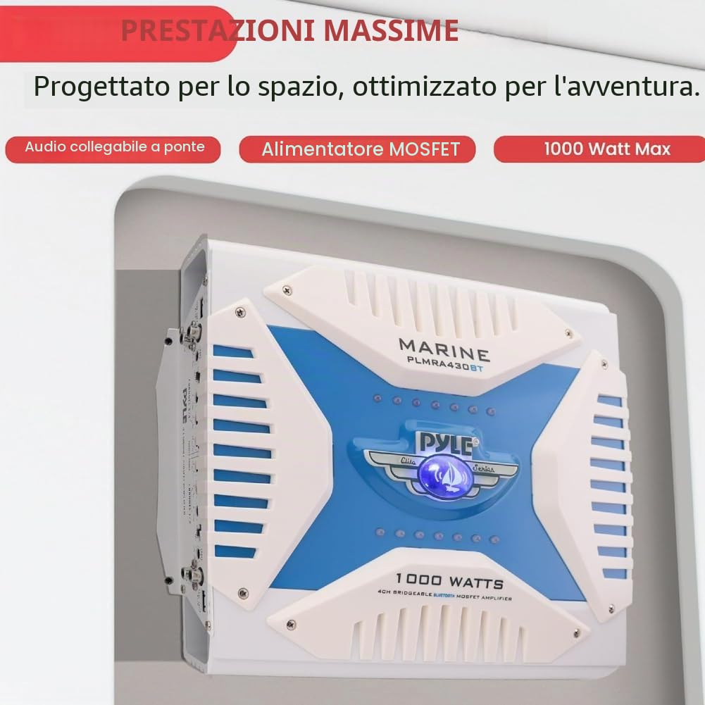 KIT SET PER PYLE PLMRA430BT, 1 amplificatore marino 4 canali, classe ab, 4 x 250 watt max, connettività bluetooth 2.1, per piscina, imbarcazioni, barca, mare, colore bianco,1 pezzo