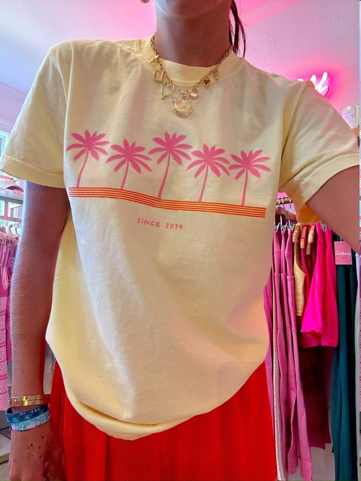 Image of Vintage Oversized Flower Graphic Tees Cute Surfboard Palm Baggy T-Shirts Summer Preppy Beach Tops Teen Girls Clothes