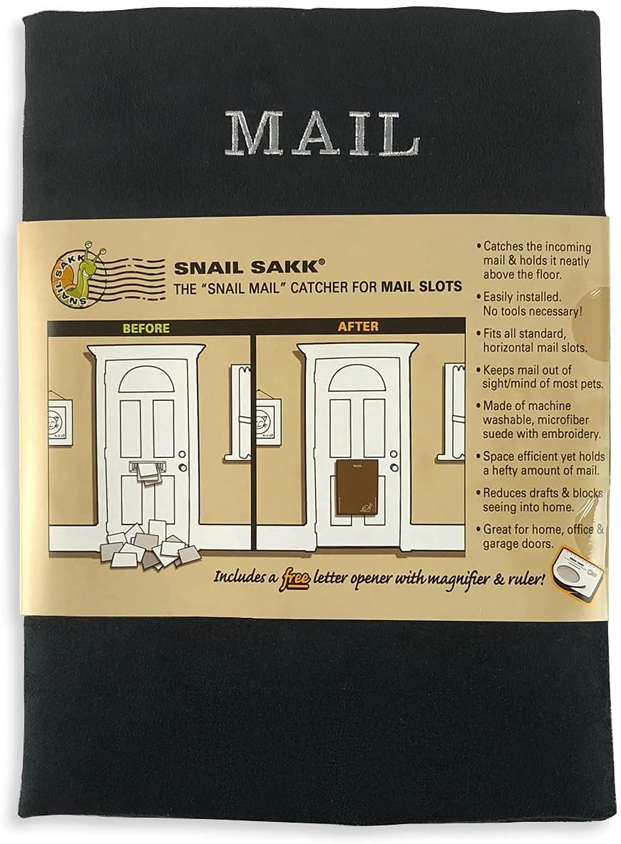 SNAIL SAKK: Mail Catcher for Mail Slots - Black - with Clear Window! No More Mail on The Floor. No Screws or Tools Needed. Draft reducing and Much More. Use on Home, Office and Garage Doors.