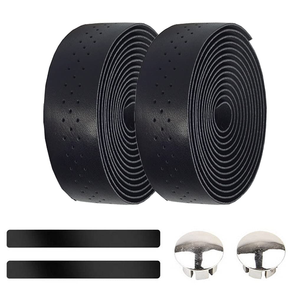 ETOPARS Black Bicycle Handlebar Tape Cycling Road Bike Handlebar Tape Leather Handle Bar Grip Wrap Tapes Comfort Non Slip Breathable Anti Shock With Bar End Plug