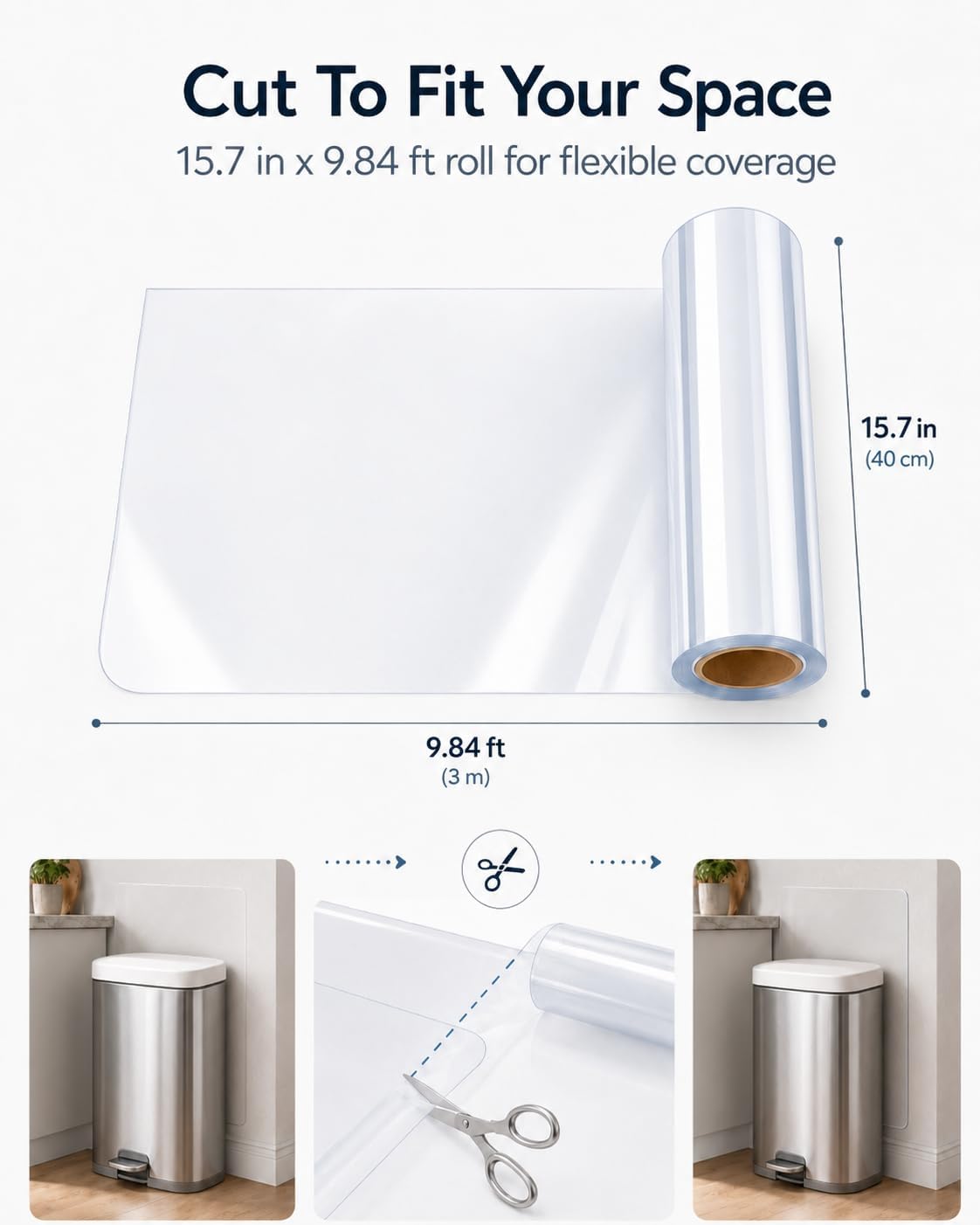 Trash Can Wall Protector Clear Removable Vinyl Decal Sticker, 15.7 in x 9.8 ft Peel and Stick Anti Scuff Splash Guard for Kitchen, Office, Bedroom and Living Room Walls