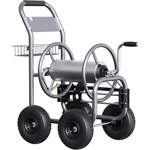 Giraffe Tools Hose Reel Cart with Wheels - Heavy Duty Industrial Hose Reel for Outside, 250-Feet of 5/8" Hose Capacity, Hose Guide Pre-Installed
