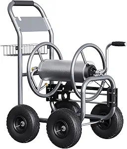 Giraffe Tools Hose Reel Cart, Hose Cart with Wheels Heavy Duty, Industrial Hose Reels for Outside, 250-Feet of 5/8" Hose Capacity, Hose Guide Pre-Installed, Grey
