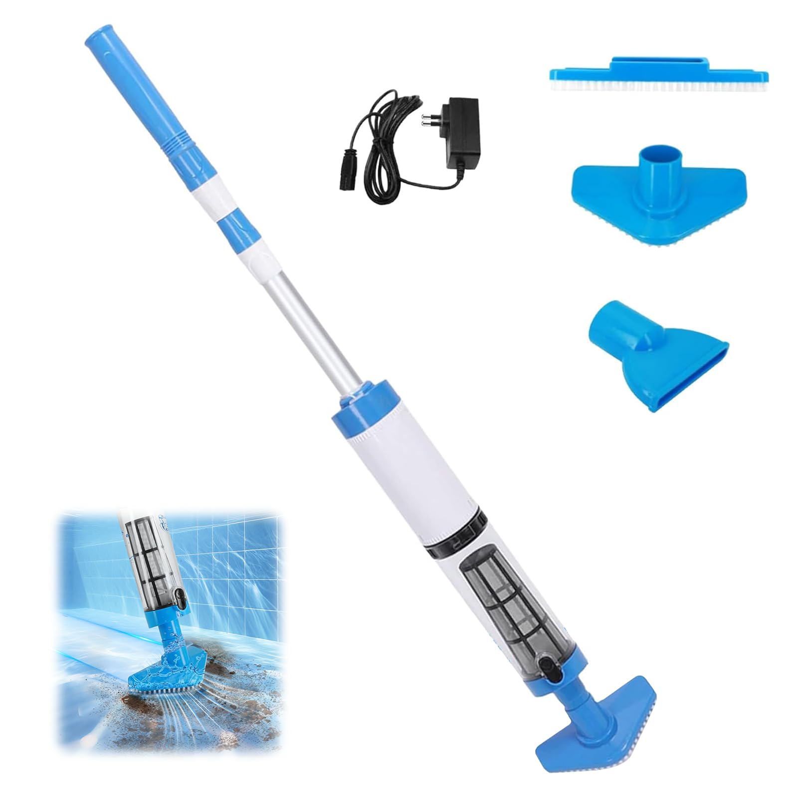 Aspirador de piscina 3 en 1 con batería, aspiradora de piscina con varilla telescópica, aspiradora de mano para piscina, duración de hasta 90 minutos, limpiador inalámbrico para piscinas con filtro