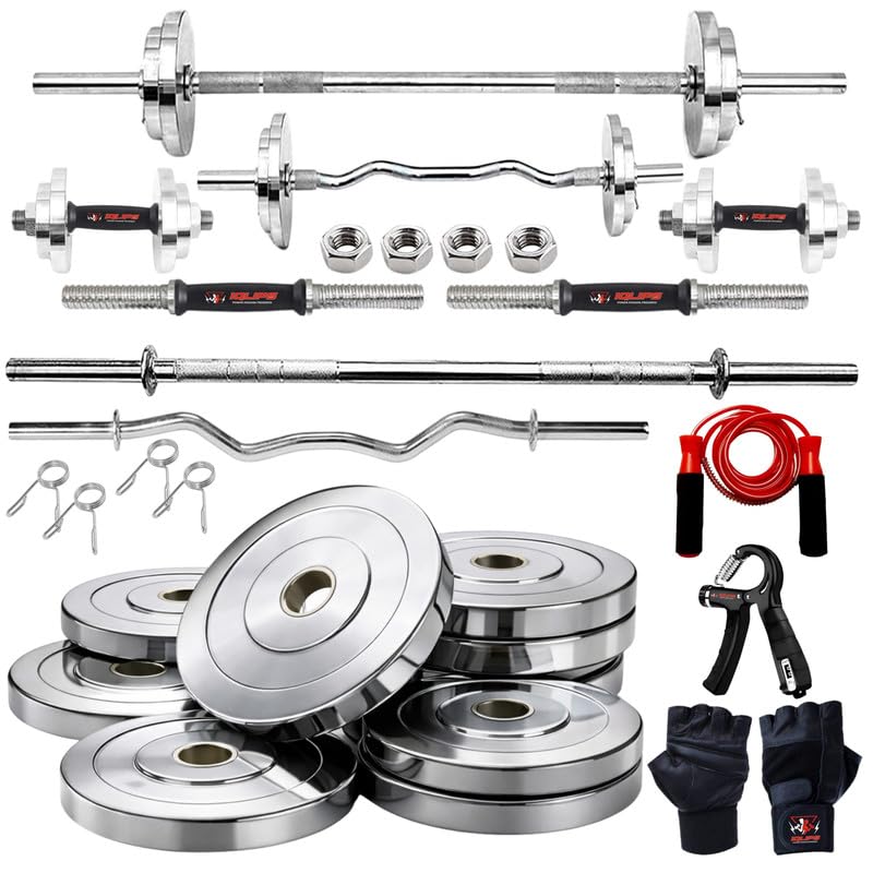 IQLIPS Steel Weight Plates Combo 30KG Home Gym Set, Fitness Kit with 5Ft Straight Barbell Rod, 3Ft EZ Curl Rod, Pair Dumbbell Rods, Locks, Gym Gloves, Gripper & Skipping Rope