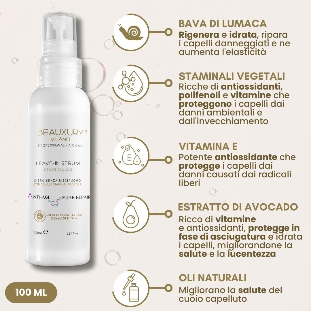 Beauxury Milano Leave In Serum alla Bava di Lumaca per Capelli Lisci e Mossi Danneggiati, Siero Azione Anticrespo e Anti-Age con Staminali Vegetali, Termoprotettore Nutriente da 100 ml