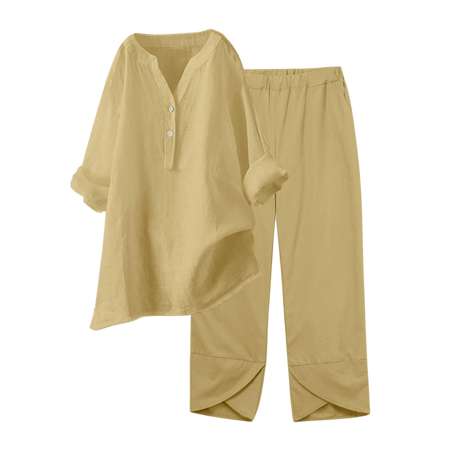 Womens 2 Piece Outfits Wide Leg Blouse Pockets Elastic Pants Sets Casual V Neck Shirt Trousers Fashion Streetwear Suit Female