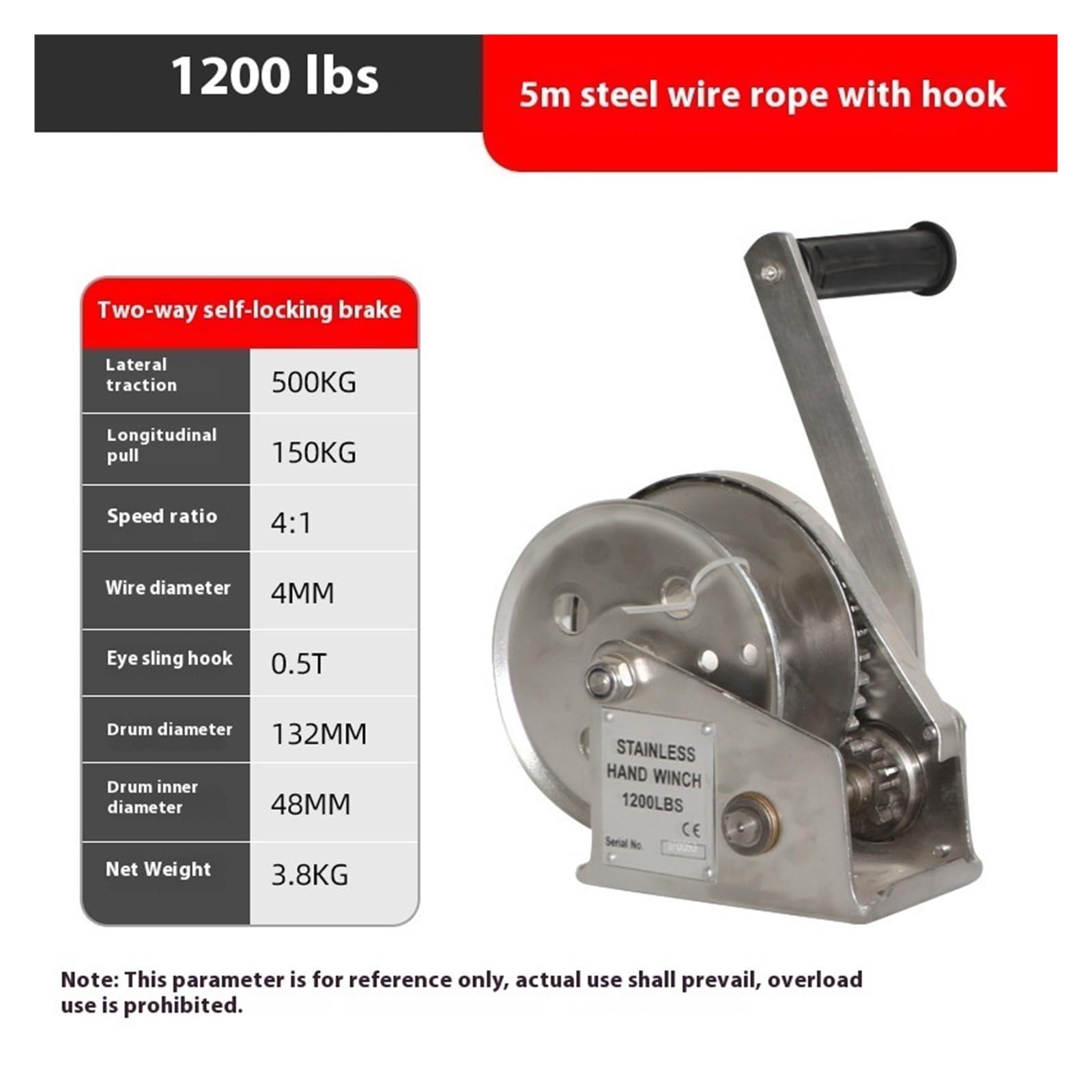 Verricello manuale in acciaio inox, 544 kg, manovella con freno autobloccante a due vie, ideale per rimorchi per barche, camper, agricoltura, sollevamento Ta (include corda da 10 m)