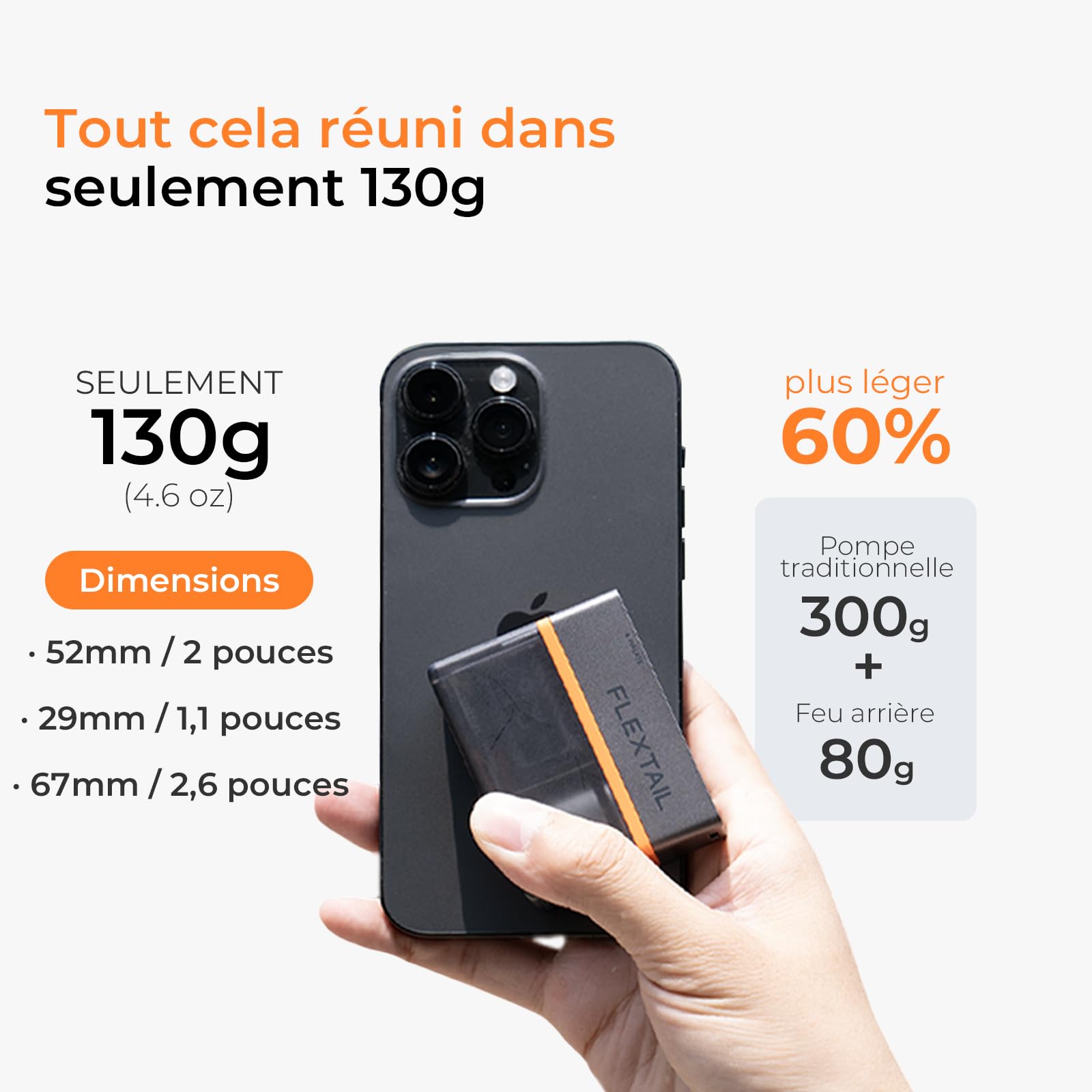 FLEXTAILGEAR Mini pompe à vélo électrique portable 130 PSI avec manomètre et feu arrière, arrêt automatique, valve Presta et Schrader pour vélo électrique, VTT, vélo de ville et de route