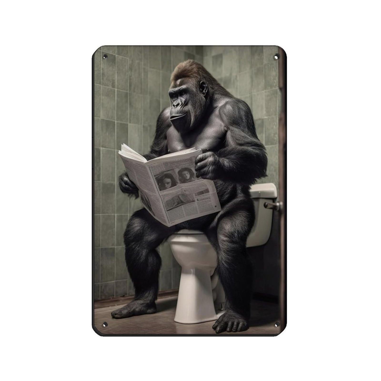 Lxwnze 20L X 30W Cm Gorilla Sitting On The Toilet Reading A Newspaper (3) Retro Poster Metal Tin Sign Chic Art Retro Iron Painting Bar People Cave Cafe Family Garage Poster Wall Decoration 8X12inch(20X30cm)
