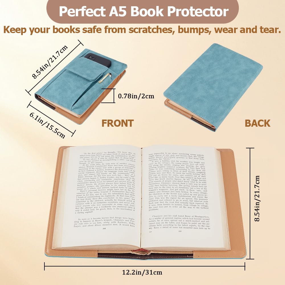 CRASPIRE Blue Book Cover PU Leather Waterproof Sleeve Reusable Protector for Paperbacks Notebook Wraps with Pen Pockets Lovers Classmate Gifts 6.1×8.54inch - Image 2