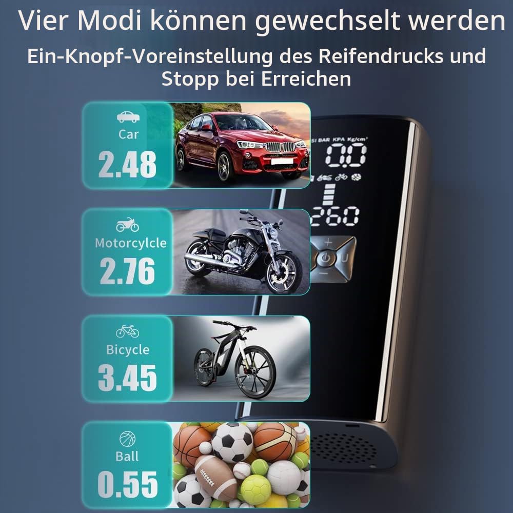 Elektrische Luftpumpe Akku 8000mAh 40db Leise Lautstärke Fahrrad Pumpe Elektrische 150 PSI Mini Kompressor mit Powerbank LED Notlicht für Auto Fahrrad Motorrad Ball Scooter, 4 Gasnadel