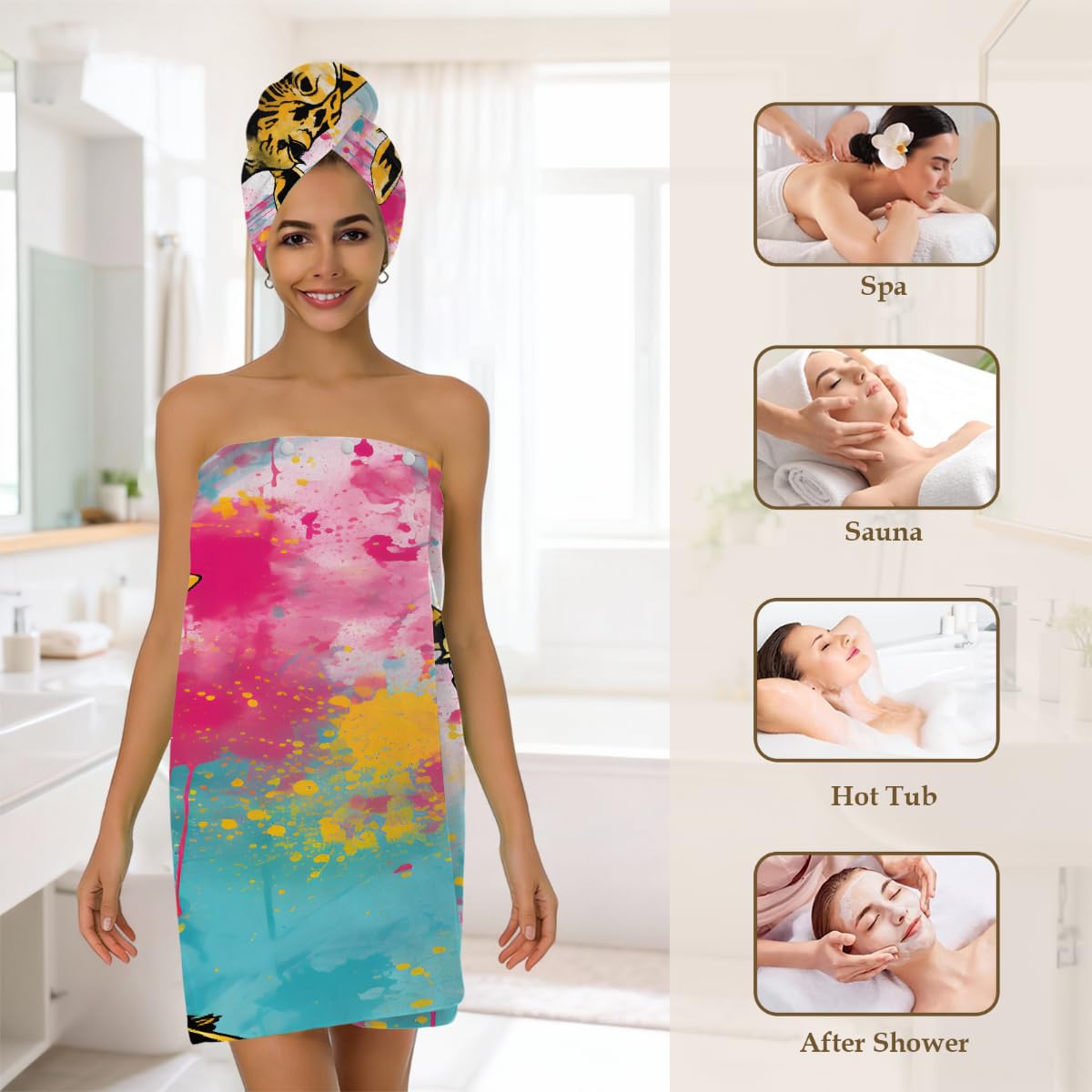 Mikrofaser-Duschtuch für Damen, mit Haarhandtuch, Aquarell-Giraffe, weiche Körperwickel, Kleid mit Haartrocknungskappe für Strand, Pool, Spa, 2 Sets
