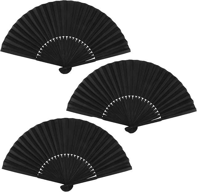 3Pcs Handheld Fan Folding Classic Chinese Tai Chi Fan, Pure Black Folding Fan with Pouch, Chinese Style Hand Fan with Tassels for Women Girls, Wedding Party Dance Folding Bamboo Fan