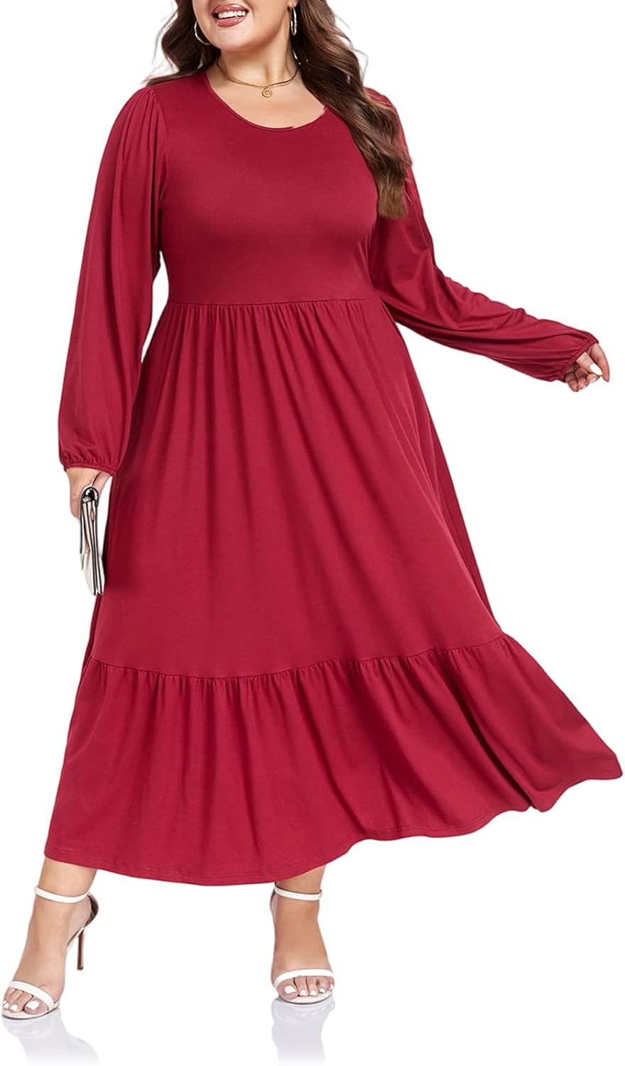 Moon Wood Women's Plus Size Maxi Dress Empire Waist Crew Neck Long Sleeve Dress with Pockets, Long Casual Dreses Daily Wear