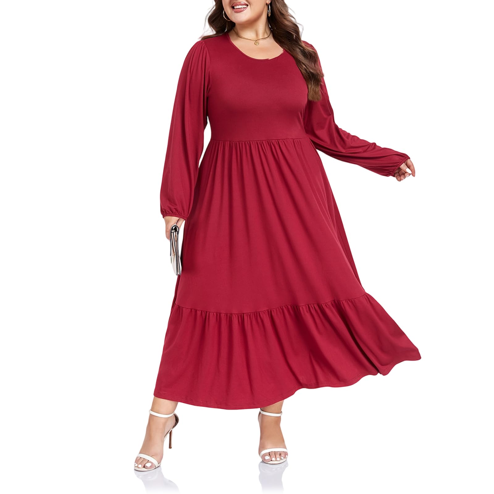 Women's Plus Size Maxi Dress Empire Waist Crew Neck Long Sleeve Dress with Pockets, Long Casual Dreses Daily Wear