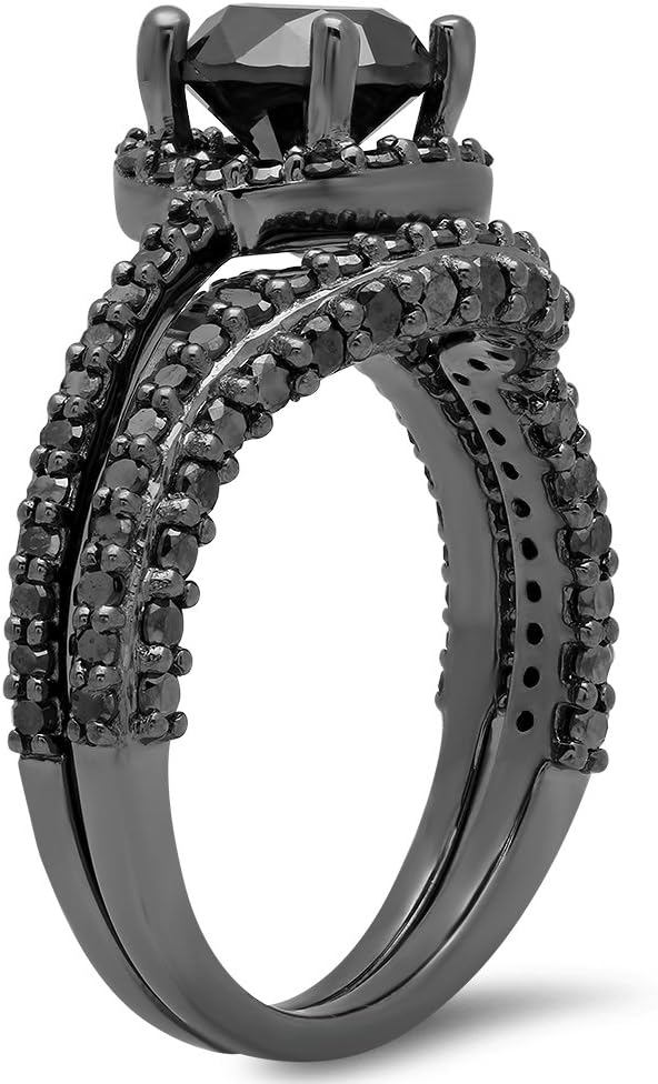 Dazzlingrock Collection 2.70 Ctw Black Rhodium Plated Round Black Natural Diamond Bridal Engagement Ring Set, Sterling Silver