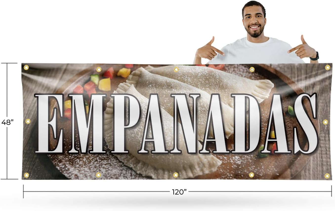 Empanadas Banner Sign 48 Inch x 96 Inch | 13 oz Vinyl with Metal Grommets | Heavy-Duty Single-Sided Outdoor Durable Printed High-Quality Weatherproof | Made in the USA