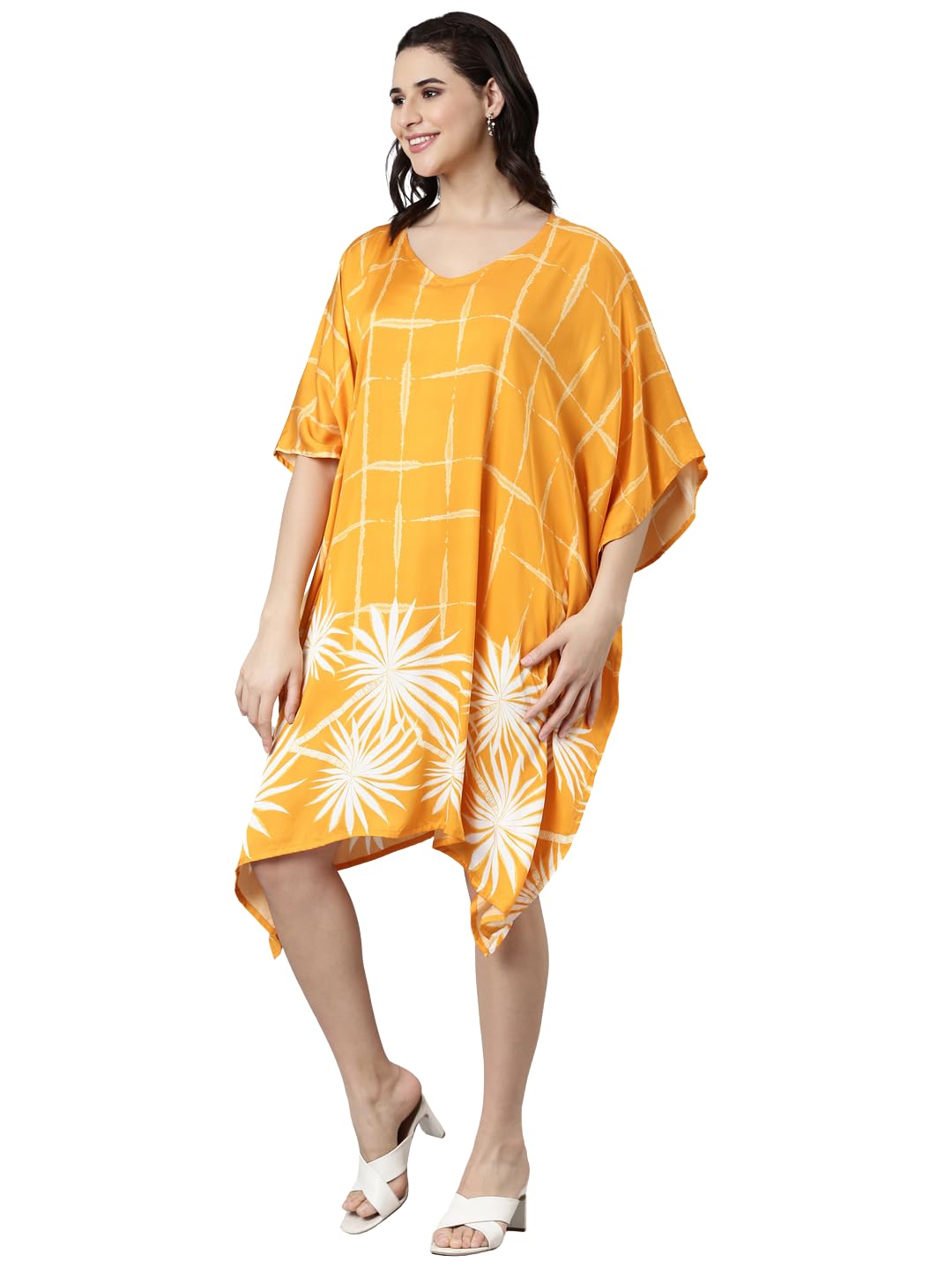 Women's Mustard Yellow Printed Kaftan Dress | V-Neck Short Sleeve Oversized Midi Dress | Relaxed Kaftan for Vacation, Beachwear & Resort Wear-picture-25