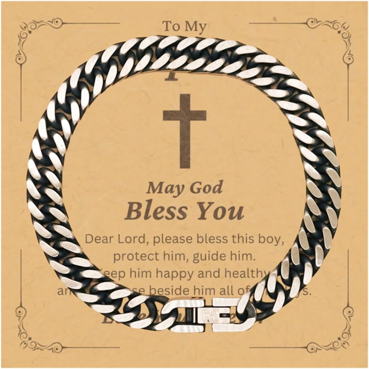 Gifts To My Stepson Cuban Link Bracelet - Dear Lord Please Bless This Boys - Cross Catholic Christian Baptism First Communion Confirmation Christmas Gifts