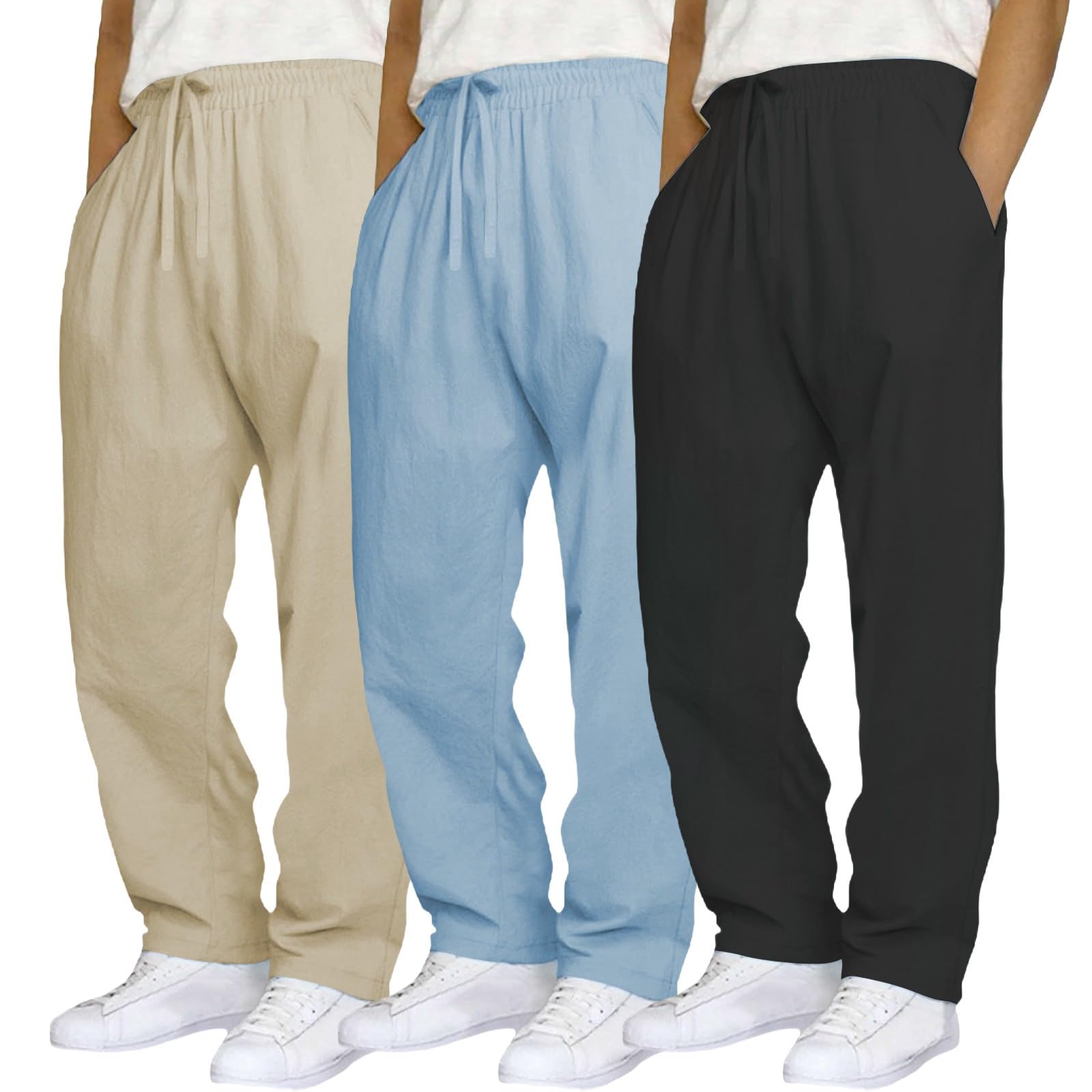 Herren Trainingshose Lang 3Er Pack Freizeithose Baumwolle Leinen Sporthose Einfarbig Jogginghose Comfort Fit Trekkinghose Elastische Taille Fitnesshose Atmungsaktiv Bequeme Sportwear