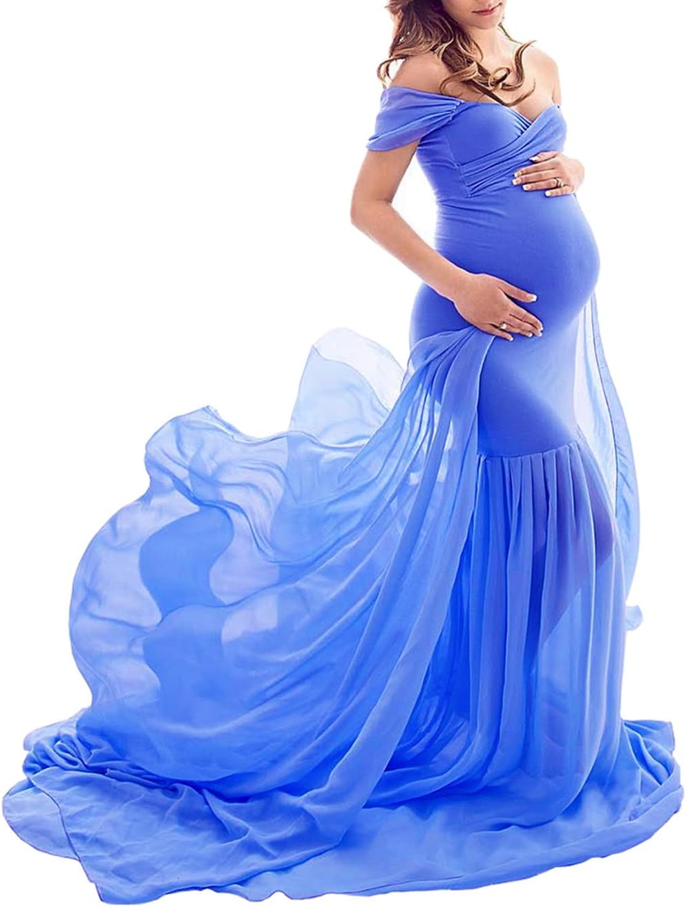ZIUMUDY Maternity Chiffon Mermaid Gown Off Shoulder Dropped Sleeve Fitted Photo Shoot Photography Dress