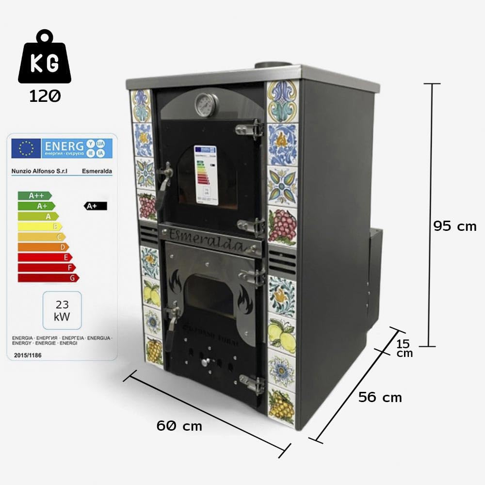 Stufa a Legna Termo ventilata con Forno - Esmeralda Maioliche di Caltagirone - Potenza Riscaldamento 25 Kw, Stufa A Legna Economica in Acciaio Verniciato Antracite, Forno in Mattoni Refrattari