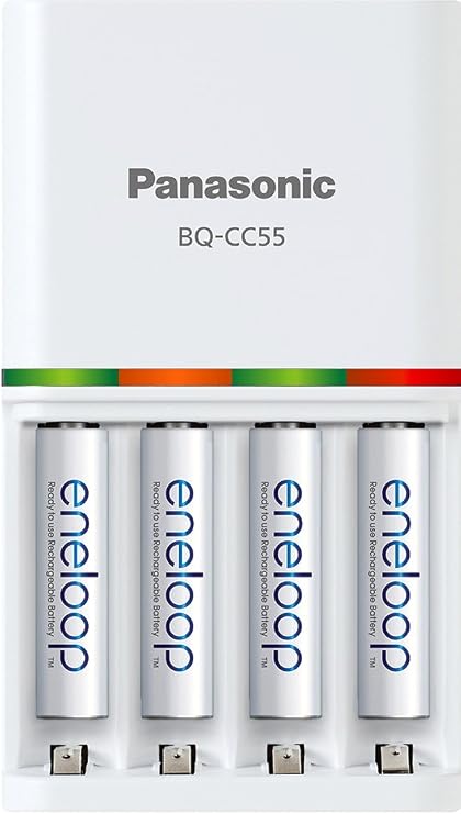 eneloop Panasonic K-KJ55M3A4BA Advanced Individual Battery 3 Hour Quick Charger & BK-4MCCA4BA AAA 2100 Cycle Ni-MH Pre-Charged Rechargeable Batteries, 4-Battery Pack
