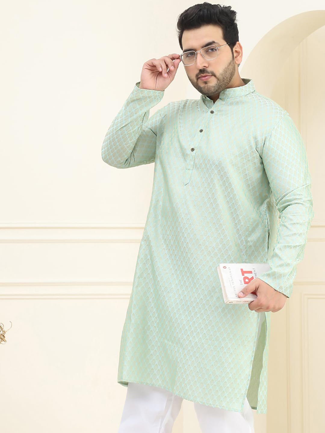 Sojanya Plus (Since 1958) Men's Silk Blend Pista Green Self Design Only Long Kurta