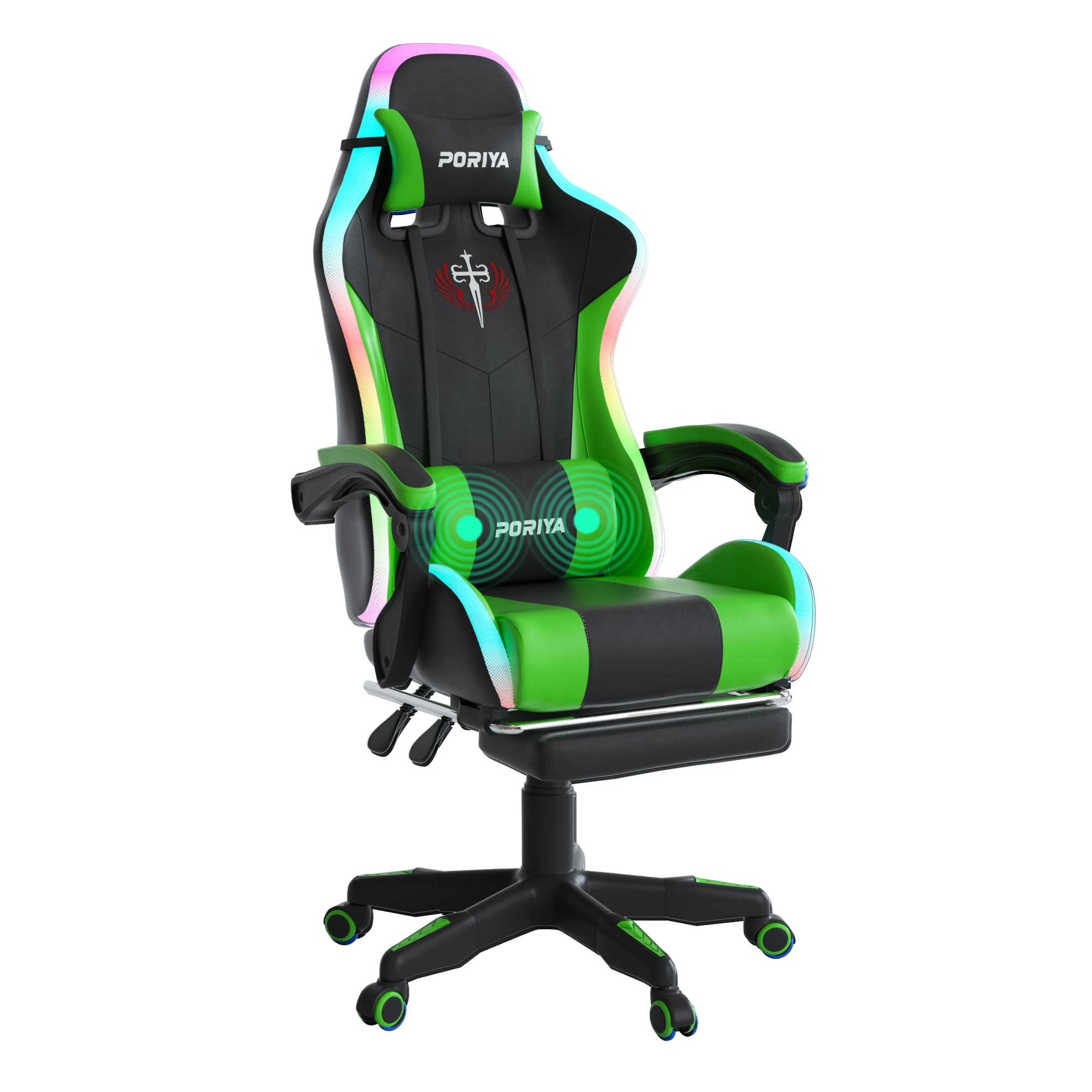 PORIYA Gaming Chair with Adjustable Backrest, Ergonomic Executive Office Chair with 2-Point Massage, Height Adjustable Racing Chair (Green Massage&LED)