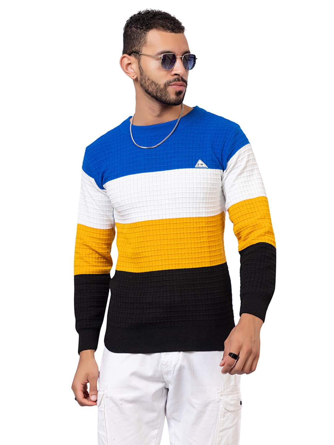 style dusk Men’s Striped Knit Sweater | Textured Grid Pattern Pullover with Long Sleeves | Stylish Winter Casual & Office Wear Knitwear Sweater-picture-31