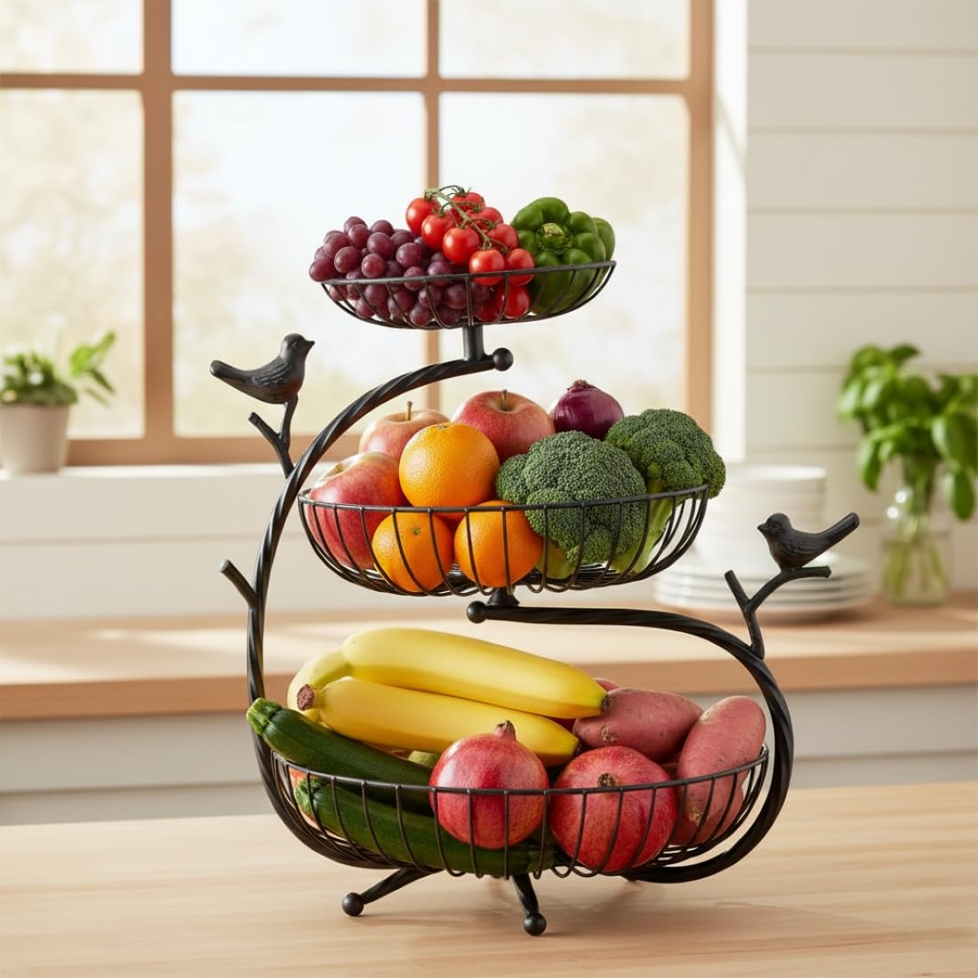 PRIME KRAFTS 3 Tier Fruit and Vegetable Basket | Metal Wire Countertop Organizer Stand for Home and Kitchen | Bird Design Decorative Storage Basket for Kitchen - Black 1