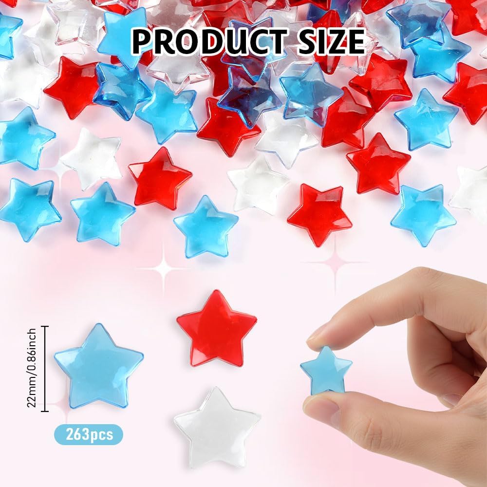 263 Pcs Patriotic Vase Filler Acrylic 4th of July Star Crystals Gems, Red Blue Transparent 3D Star Shaped Gems Table Scatter Decorations for Memorial Day Independence Day Party Arts Crafts