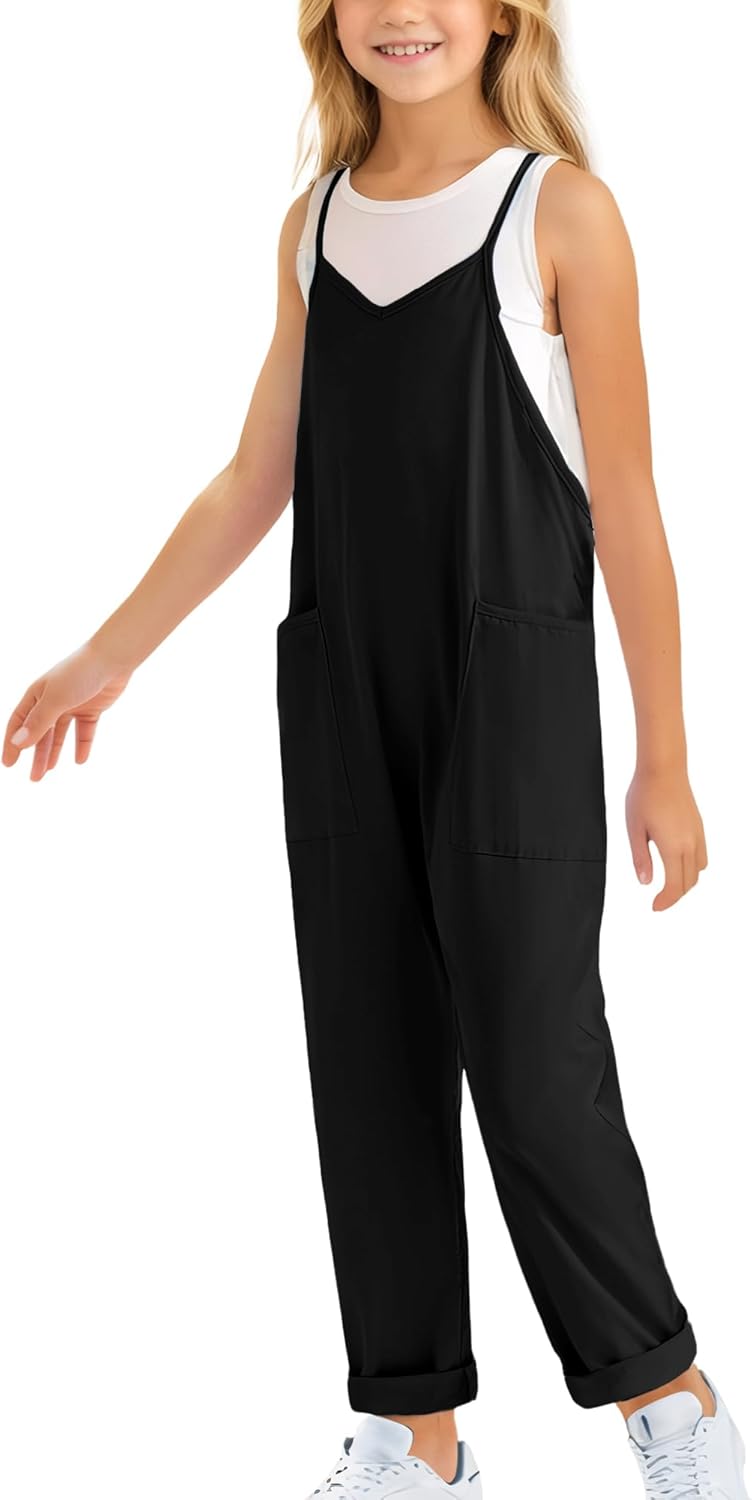 Happy Cherry Girl's V Neck Sleeveless Jumpsuits Spaghetti Straps Harem Long Pants Loose Rompers With Pockets