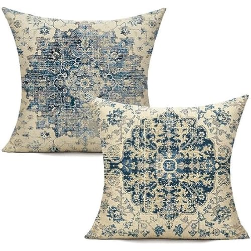 VAKADO Blue Throw Pillow Covers 18X18 Set of 2 Boho Decorative Outdoor Farmhouse Bohemian Carpet Vintage Gray Pillow Cases for Couch Home Decor Living Room
