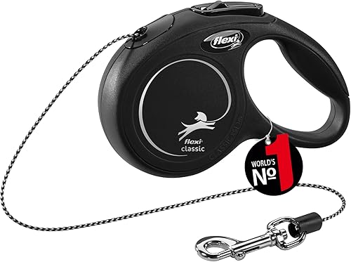 Flexi - New Classic - Correa retráctil de cuerda para perros o gatos - XS, negro, 18 libras (8 kg), 10 pies (3 m)