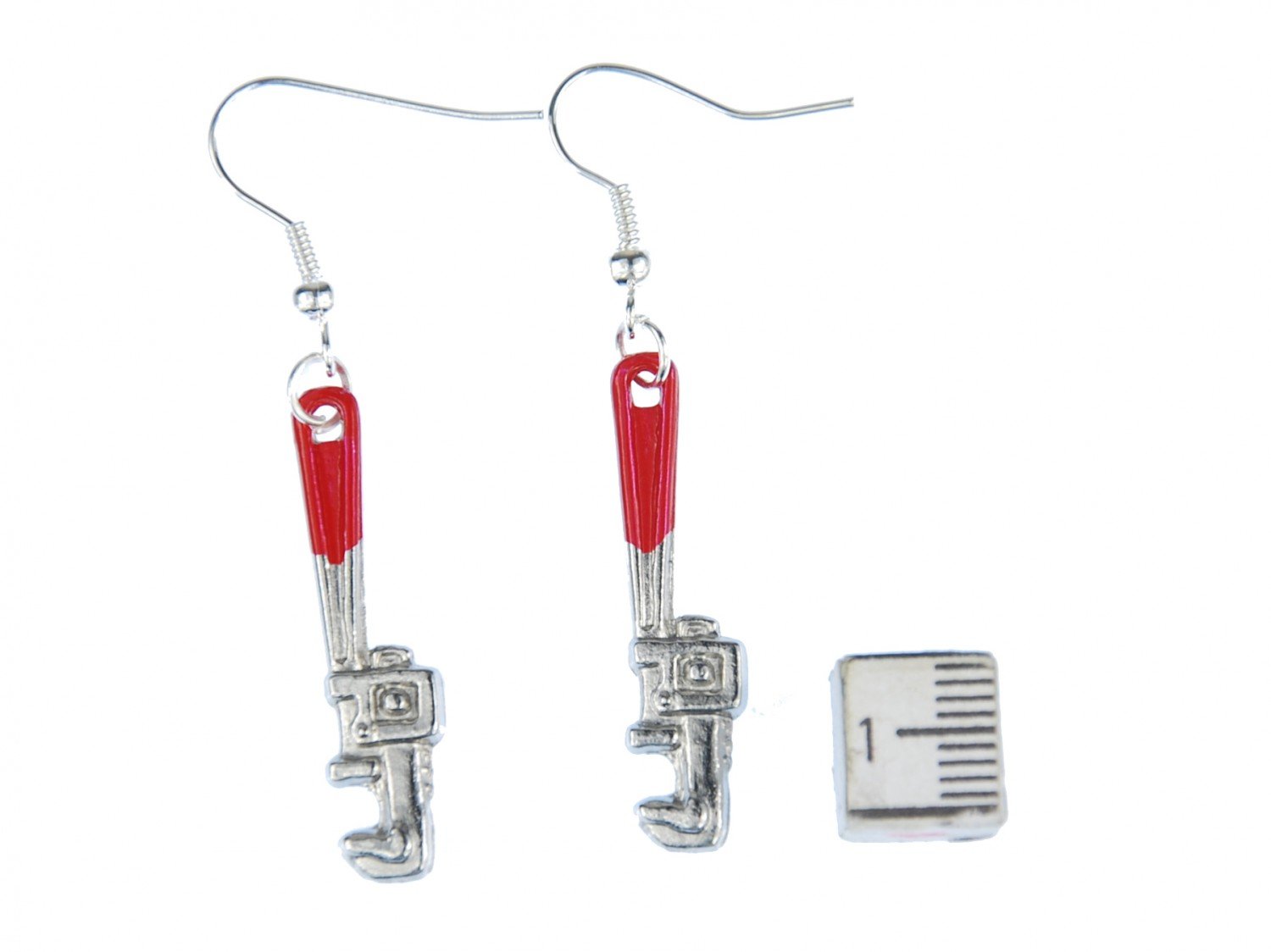 Pipe Wrench Spanner Pliers Earrings Miniblings Tool Craftsmen Workshop Silver, Red, 33mm - Image 2