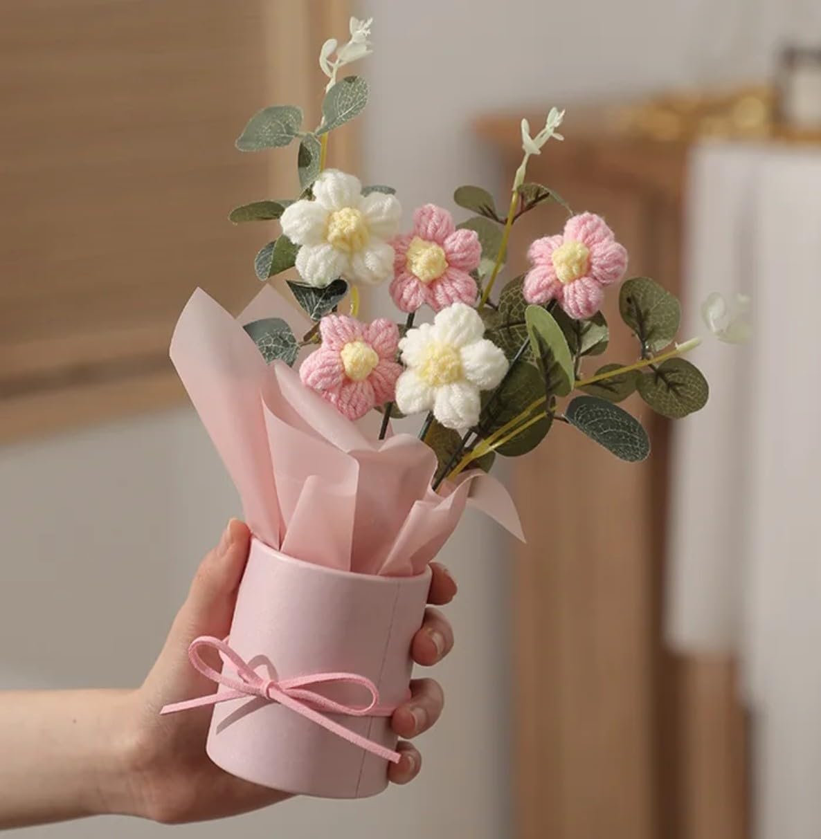 AccuPrints Handmade Crochet Flower Bouquet with Eucalyptus, Pink Vase, Blue and White Flowers, Home Decor Gift-image-40