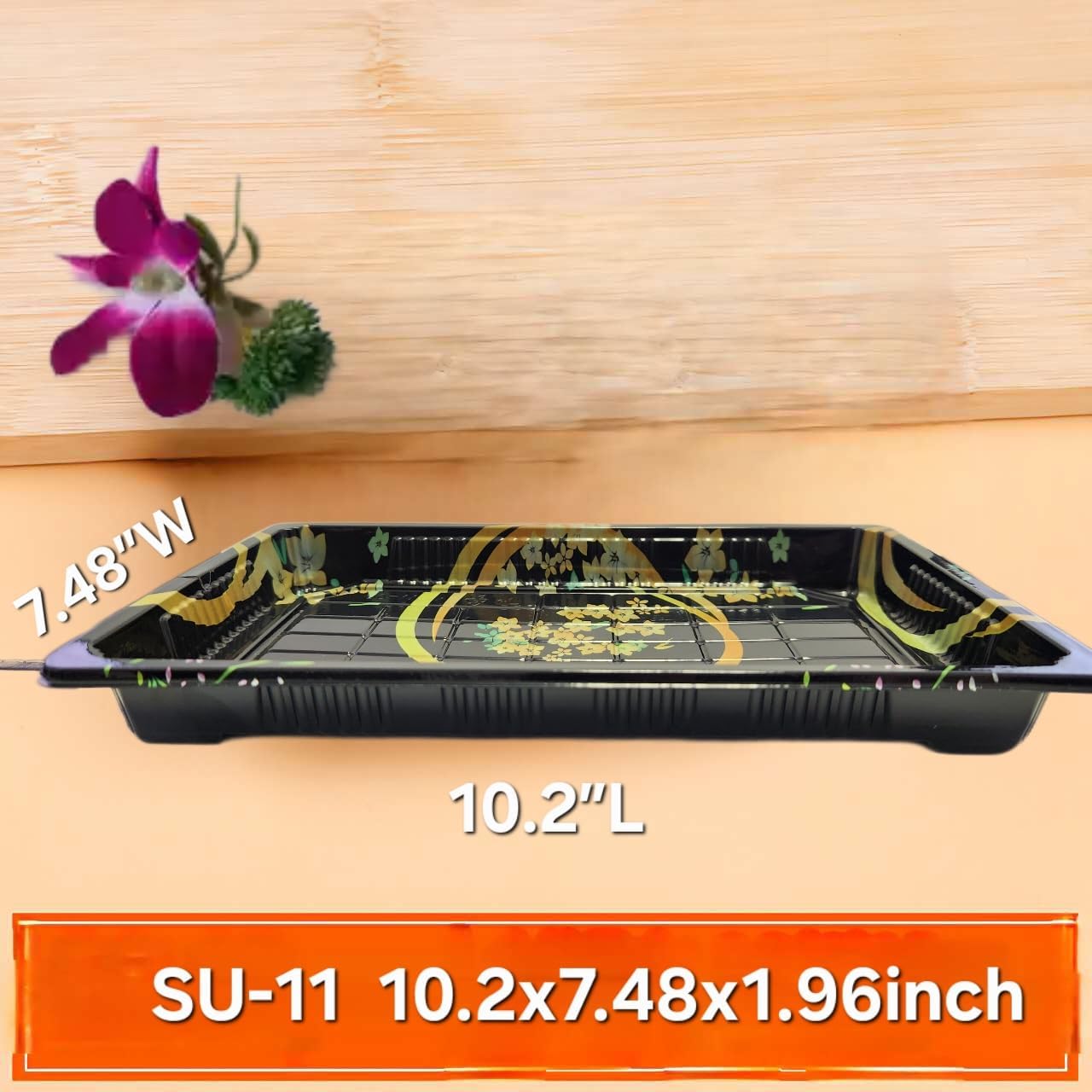 EZ-U Sushi Container with Clear Lid SU-11 10.2" L x 7.48" W x 1.96" H, Pack of 100 Disposable Sushi Rectangle Plastic Box, Take Out Containers for Appetizers Entrees or Desserts,Black