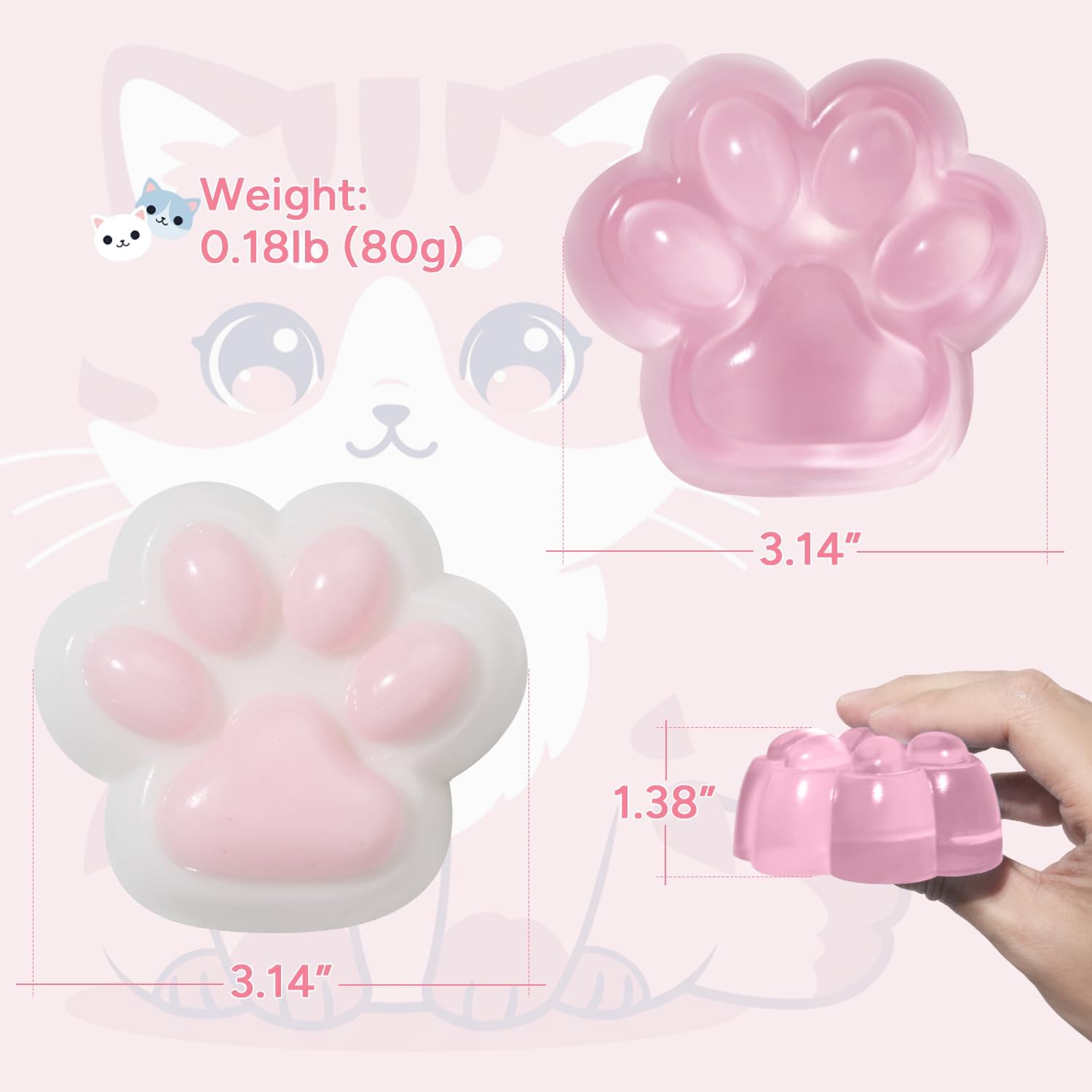 2-Pack Taba Squishy Cat Paw Sensory Fidget Toys Adults, Anxiety Stress Relief Squeeze Toy, Soft Cute Kawaii Squishy’s for Desk, School (Pink)