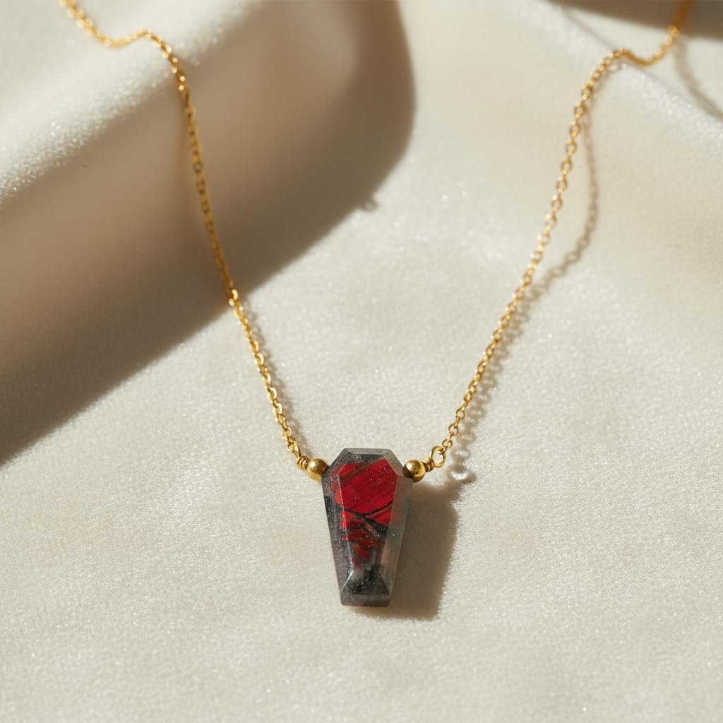 Natural Bloodstone Geometric Coffin Pendant Necklace for Women | Gold Plated Hypoallergenic Vitality Crystal Jewelry | Courage & Healing Stone Gift 16"+2" (Bloodstone) - Image 5