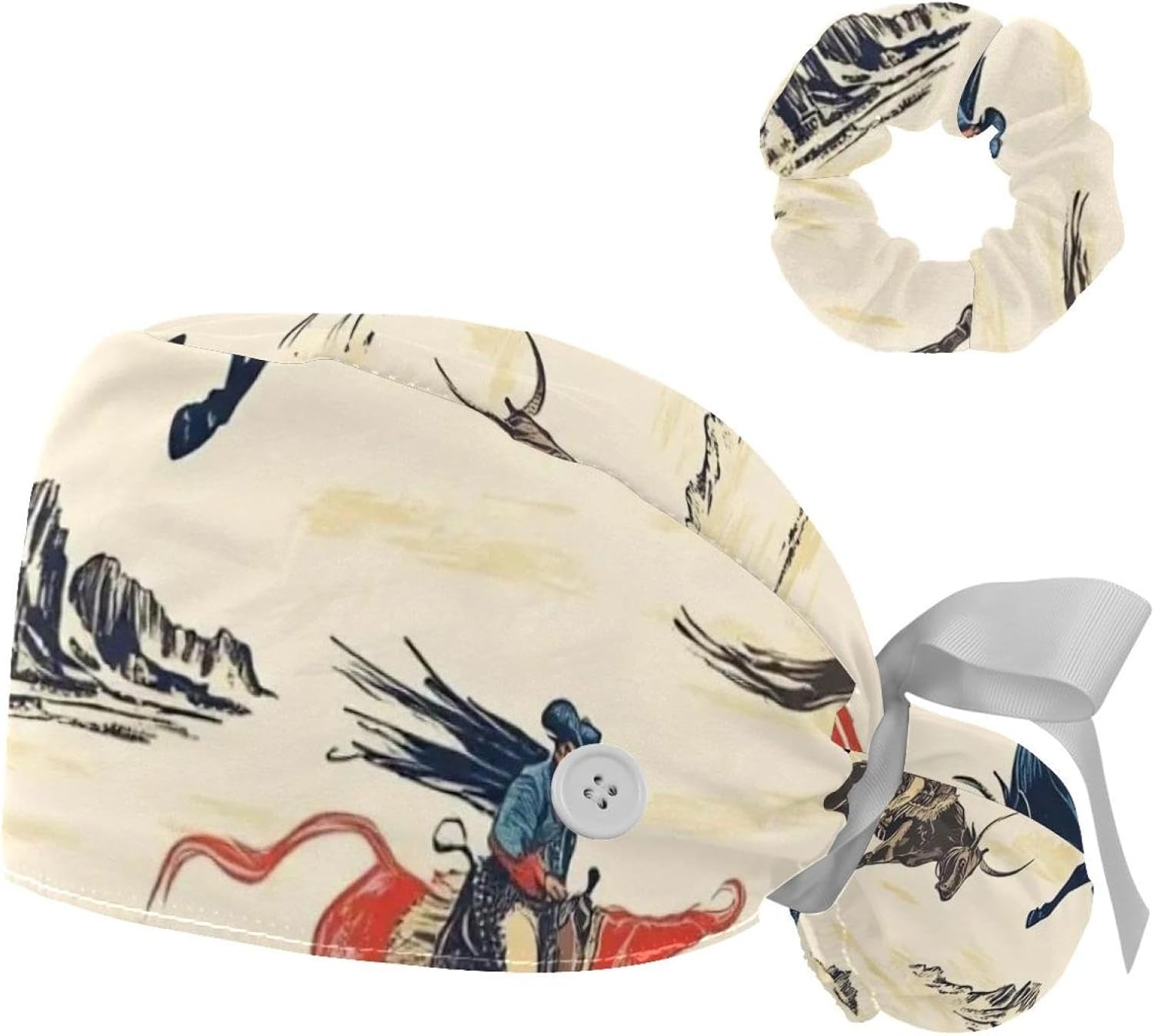 Cowboy Hat Cactuses Western Scrub Caps with Buttons Women Working Cap Adjustable Sweatband Bouffant Hats