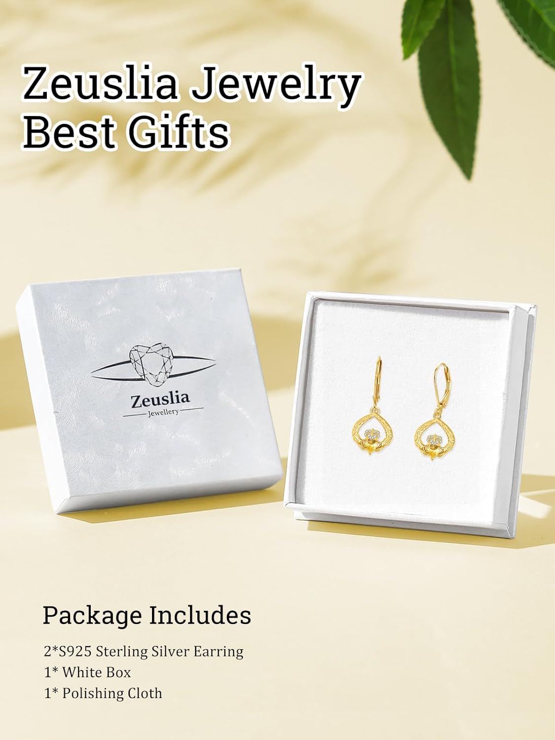 Leverback Hoop Gold Claddagh Earrings 925 Sterling Silver Hypoallergenic Hoop Earrings Gold Irish Claddagh Wedding Anniversary Birthday Celtic Birthstone Jewelry Gifts for Women