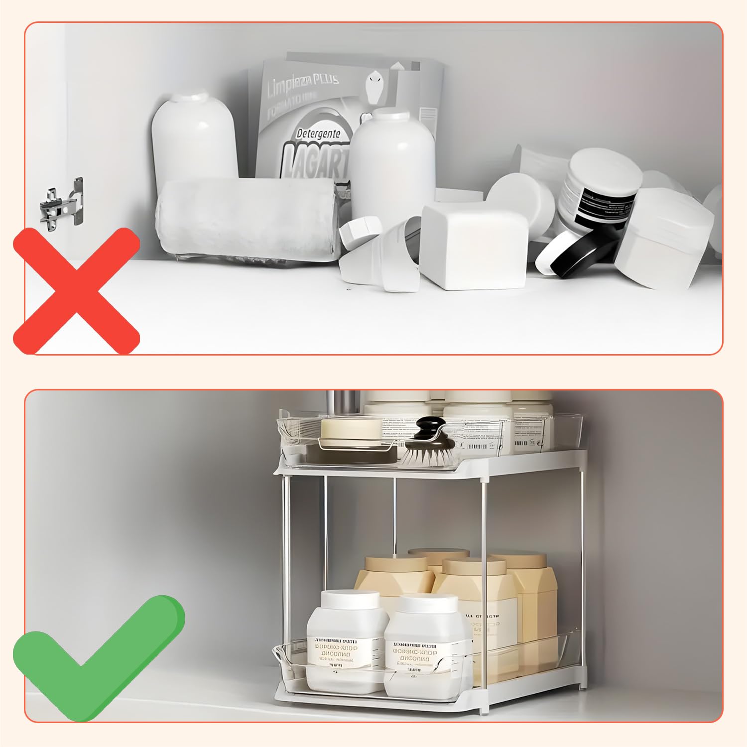 Avilia Set 2 Organizer Cucina e Bagno con Cassetti Estraibili - Scaffale Salvaspazio Impilabile a 2 Livelli - Organizer Sottolavello per Detersivi, Spezie e Cosmetici - Facile Montaggio - Bianco