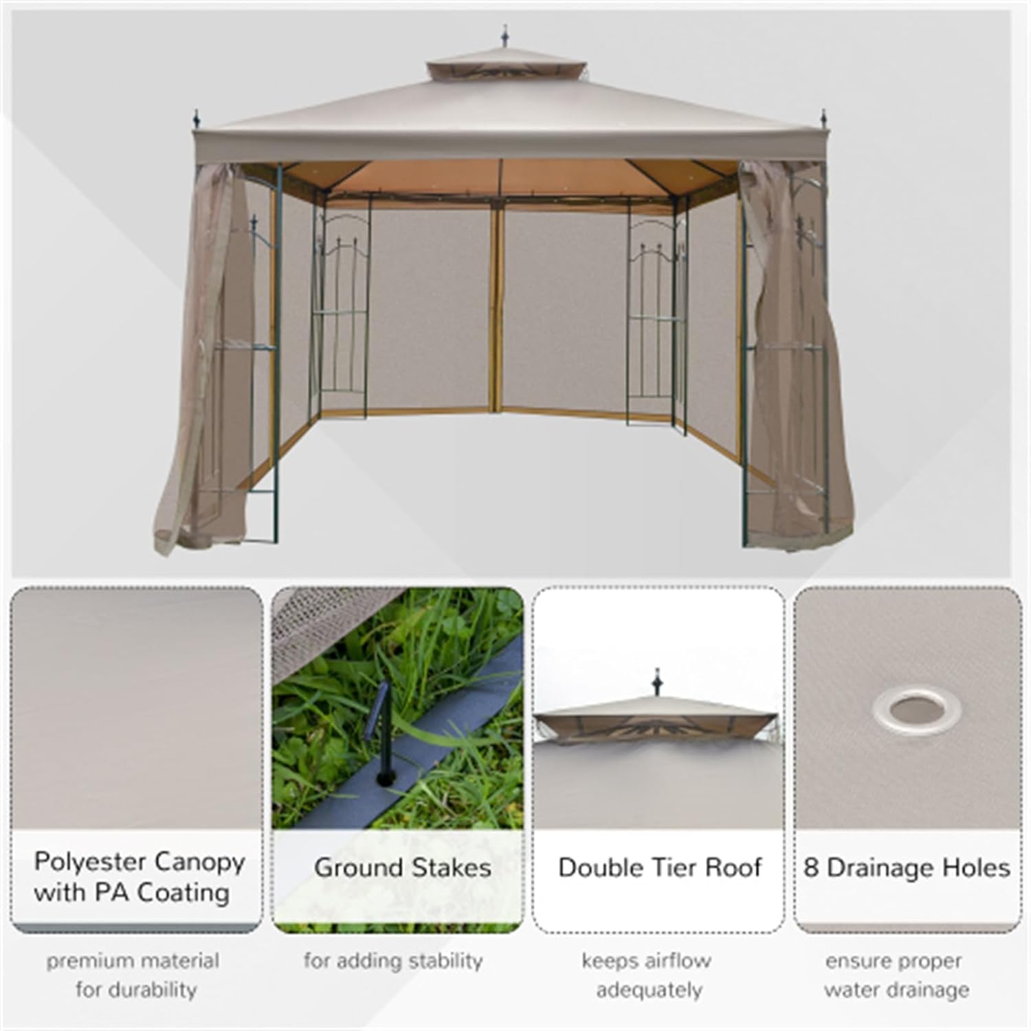 10' x 10' Patio Gazebo with Corner Frame, Double roof Outdoor Gazebo Canopy with net, Sunshade, rain shelter, Sunshade, rain shelter for Patio, Wedding, Catering and Events, Brown